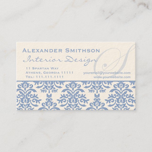 Elegant Blue and Cream Damask Letter S Business Card (Front)