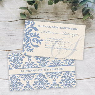 Elegant Blue and Cream Damask Letter S Business Card