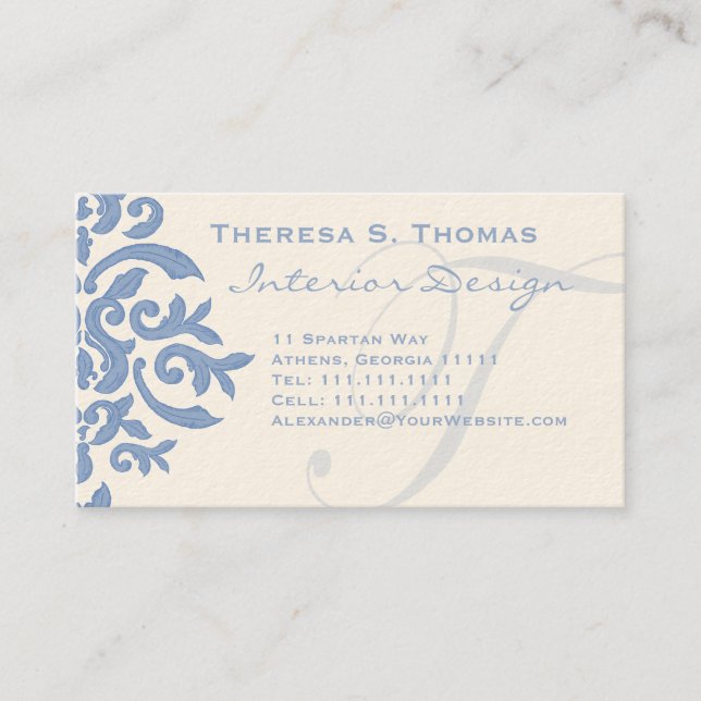 Elegant Blue and Cream Damask Letter T Business Card (Front)