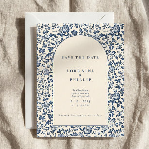 Elegant blue and cream floral arch vintage style save the date