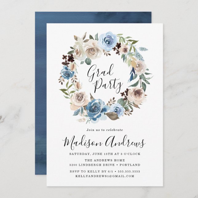 Elegant Blue and Cream Floral Graduation Party Invitation (Front/Back)