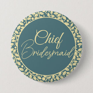 Elegant Blue and Cream Leaf Chief Bridesmaid 7.5 Cm Round Badge