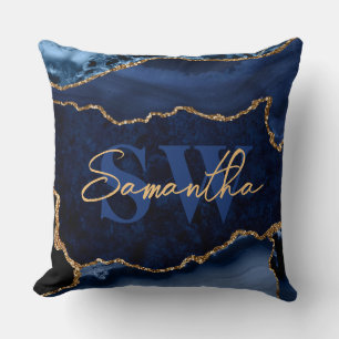 Elegant Blue and Faux Gold Glitter Marble Agate Cushion