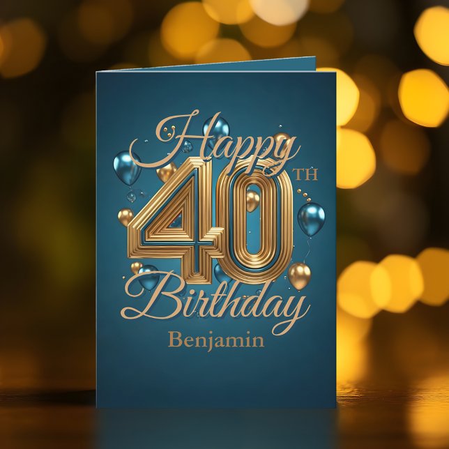 Elegant Blue and Gold 40th Birthday Celebration Card (Creator Uploaded)