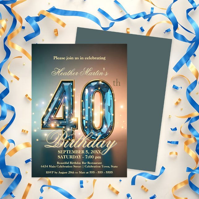 Elegant Blue and Gold 40th Birthday Celebration Invitation (Creator Uploaded)