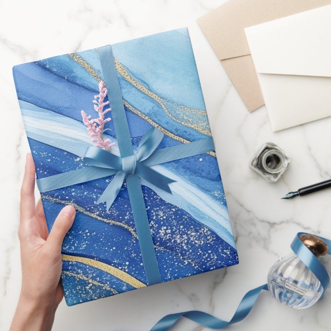 Elegant Blue and Gold Abstract Marble Wrapping Paper (Gifting)