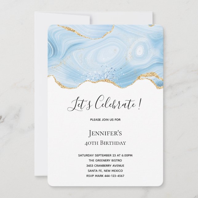 Elegant Blue and Gold Agate Background Birthday Invitation (Front)