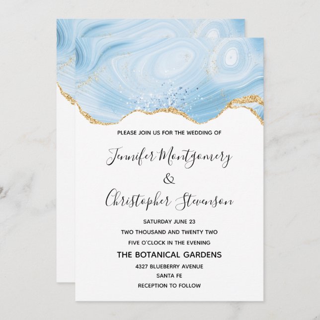 Elegant Blue and Gold Agate Background Wedding Invitation (Front/Back)