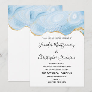 Elegant Blue and Gold Agate Background Wedding Invitation