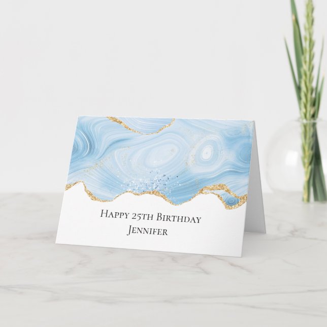 Elegant Blue and Gold Agate Border Birthday Card (Front)