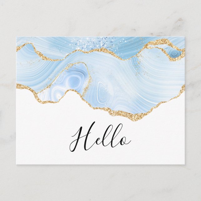 Elegant Blue and Gold Agate Border Hello Postcard (Front)