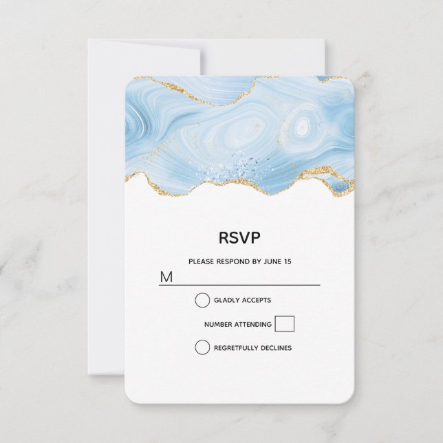 Elegant Blue and Gold Agate Border RSVP Card (Front)