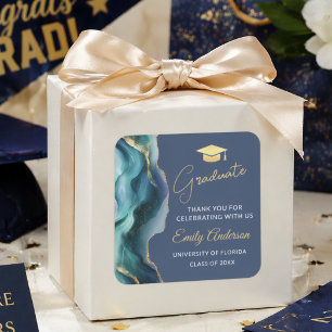 Elegant Blue and Gold Agate Graduate Thank you Square Sticker
