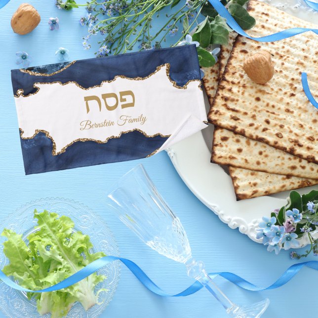 Elegant Blue and Gold Agate Hebrew Passover  Hand Towel (Creator Uploaded)