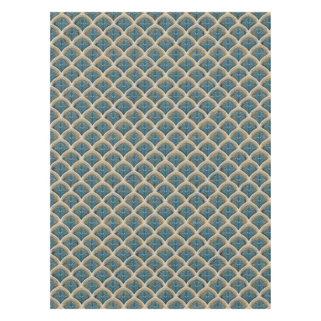 Elegant Blue and Gold Art Deco Fan Pattern Tablecl Tablecloth (Front)