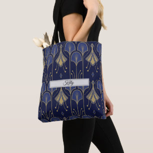 Elegant Blue And Gold Art Deco Tote Bag