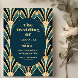 Elegant Blue and Gold Art Deco Wedding  Invitation