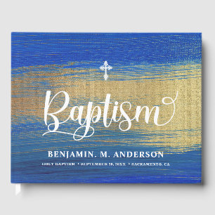 Elegant Blue And Gold Boy Baptism Guest Book