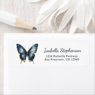 Elegant Blue and Gold Butterfly Return Address Label