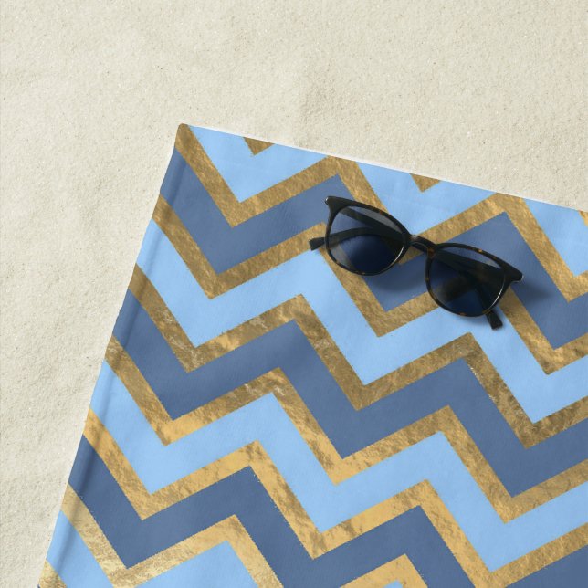 Elegant Blue and Gold Chevron Pattern Beach Towel (In Situ)
