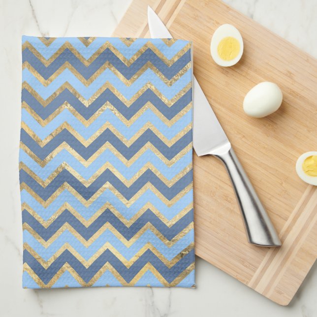 Elegant Blue and Gold Chevron Pattern Tea Towel (Quarter Fold)