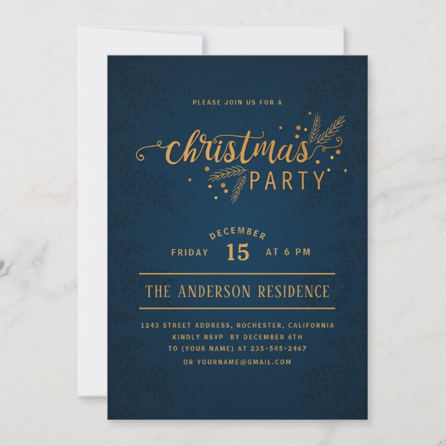 Elegant Blue and Gold Christmas Holiday Party Invitation (Front)