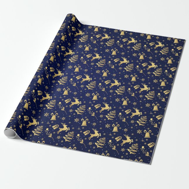 Elegant Blue And Gold Christmas Pattern Gift Wrapping Paper (Unrolled)