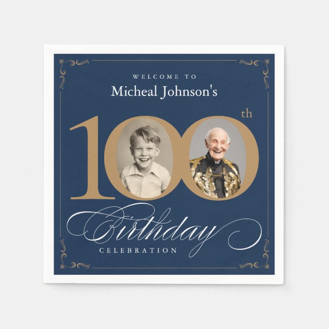 Elegant Blue and Gold Custom Photo 100th Birthday  Napkin (Front)