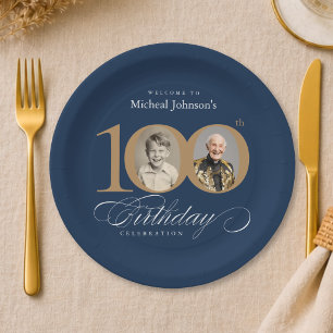 Elegant Blue and Gold Custom Photo 100th Birthday  Paper Plate