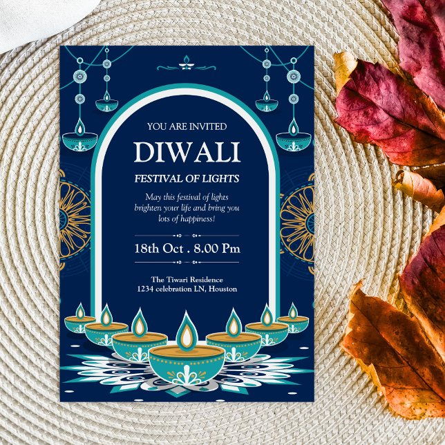 Elegant Blue and Gold Diwali Festival of Lights  Invitation (Creator Uploaded)