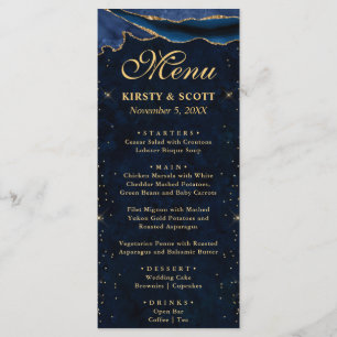 Elegant Blue and Gold Faux Glitter Agate Wedding Menu