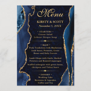 Elegant Blue and Gold Faux Glitter Agate Wedding Menu