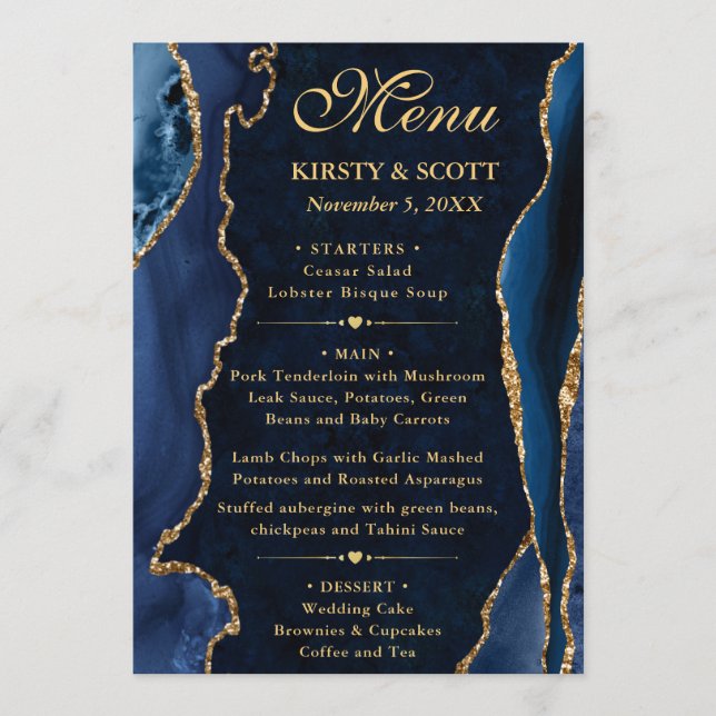 Elegant Blue and Gold Faux Glitter Agate Wedding Menu (Front)