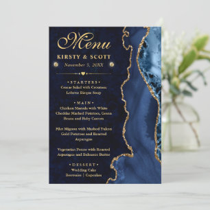 Elegant Blue and Gold Faux Glitter Agate Wedding Menu
