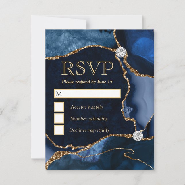 Elegant Blue and Gold Faux Glitter Marble Agate RSVP Card (Front)
