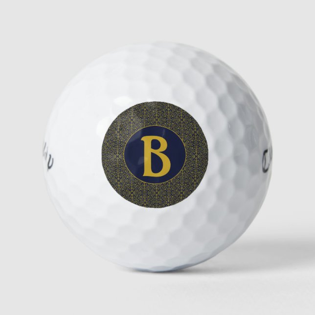 Elegant Blue and Gold Filigree Monogram Golf Balls (Front)