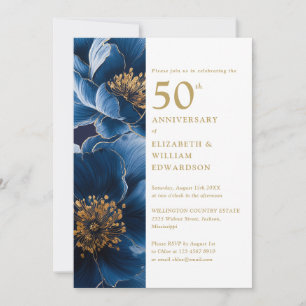Elegant Blue And Gold Floral 50th Anniversary Invitation