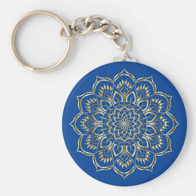 Elegant Blue and Gold Floral Mandala Pattern Key Ring (Front)