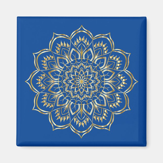 Elegant Blue and Gold Floral Mandala Pattern Magnet (Front)