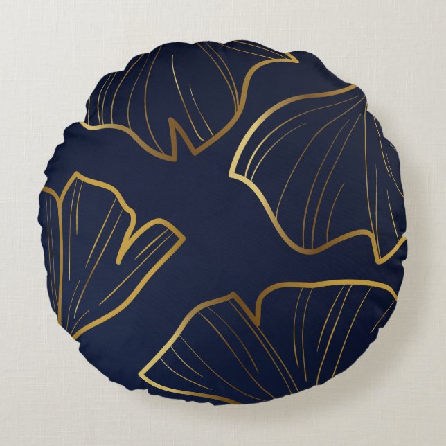 Elegant Blue and Gold Floral  Round Cushion (Front)