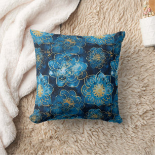 Elegant Blue and Gold Floral - Stylish Botanical  Cushion