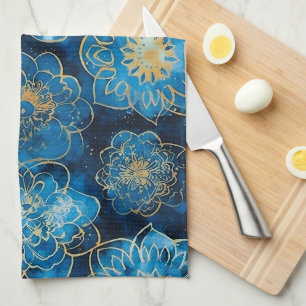 Elegant Blue and Gold Floral - Stylish Botanical Tea Towel