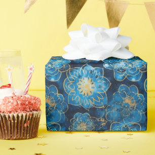 Elegant Blue and Gold Floral - Stylish Botanical Wrapping Paper