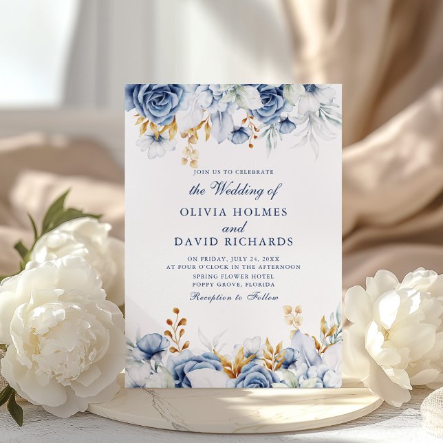 Elegant Blue and Gold Floral Wedding Invitation (Elegant Blue and Gold Floral Wedding Invitation on a sunny boho table with white peonies)