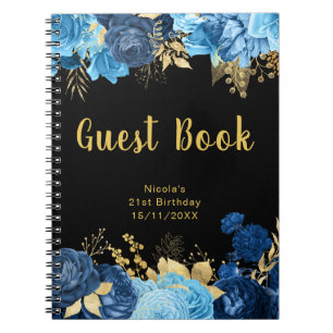 Elegant Blue and Gold Flowers Birthday Guest Book