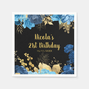 Elegant Blue and Gold Flowers Birthday Party  Napkin