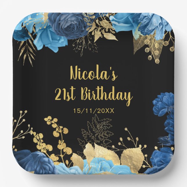 Elegant Blue and Gold Flowers Birthday Party  Paper Plate (Front)