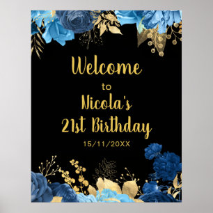 Elegant Blue and Gold Flowers Birthday Party Poster