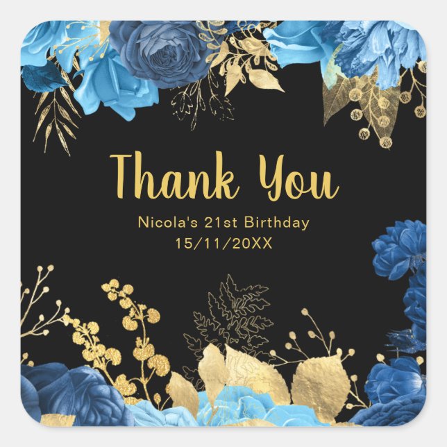 Elegant Blue and Gold Flowers Birthday Party  Square Sticker (Front)