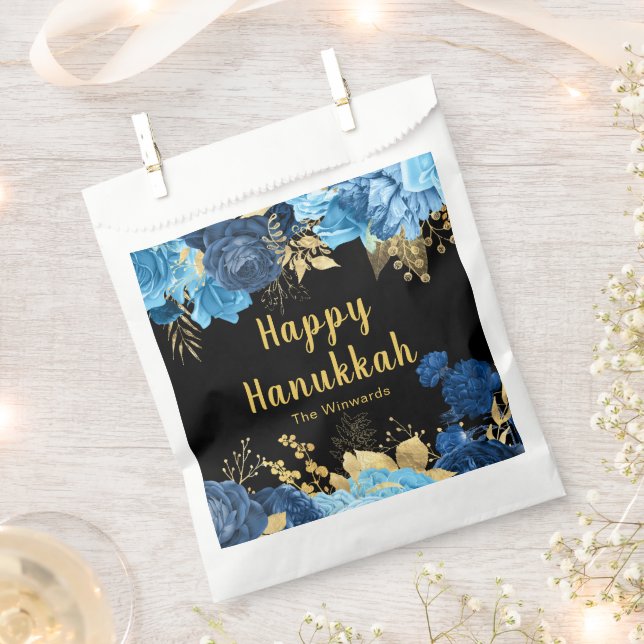 Elegant Blue and Gold Flowers Hanukkah Party Favour Bag (Clipped)